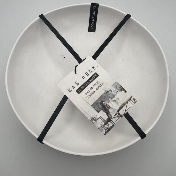 Rae Dunn HANGRY Melamine 9In Dinner Bowls White Black Set of 4 - Picture 5 of 7